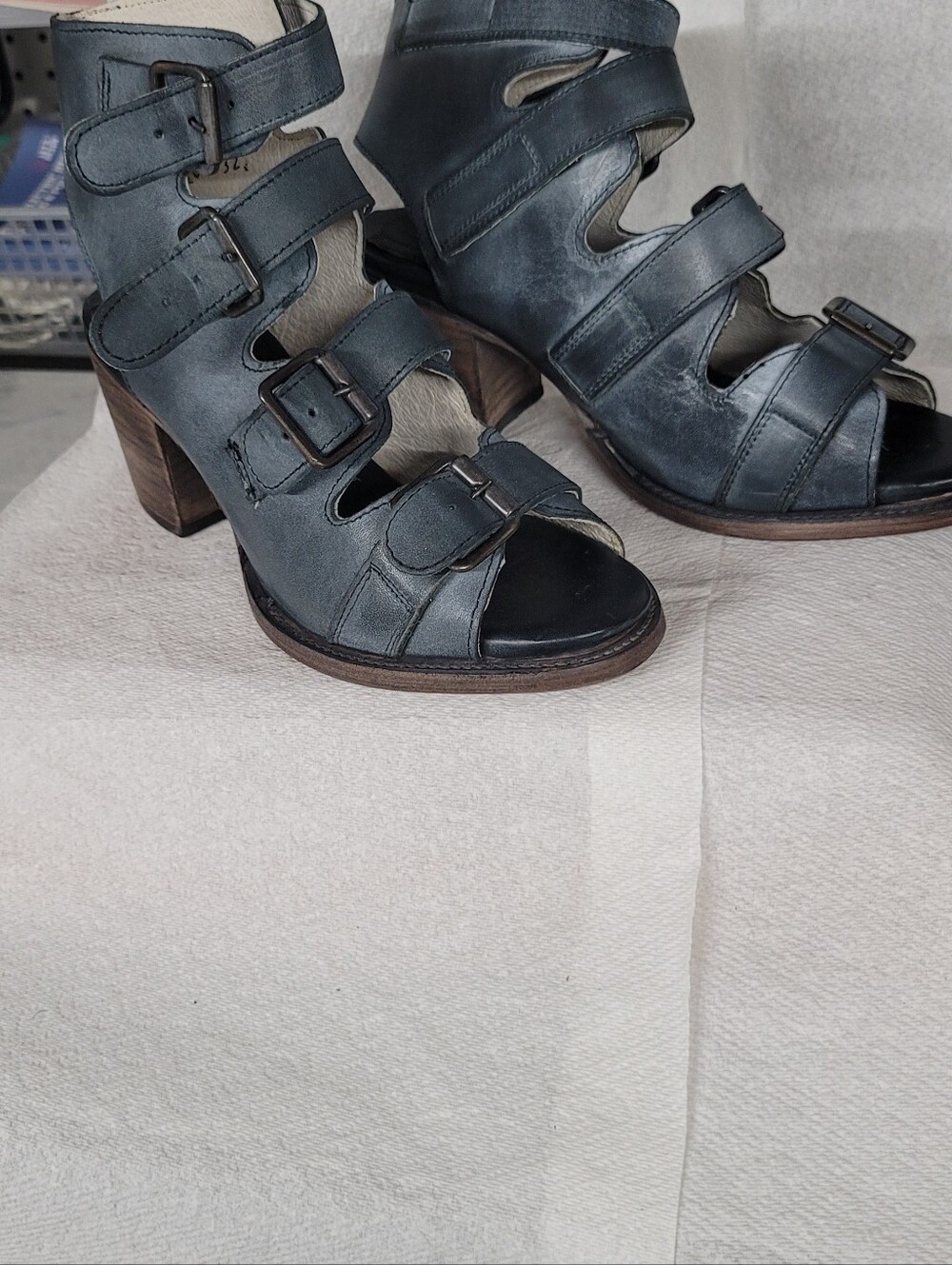 Freebird by Steven Blue Leather Buckle Cutout Block Heel Sandals